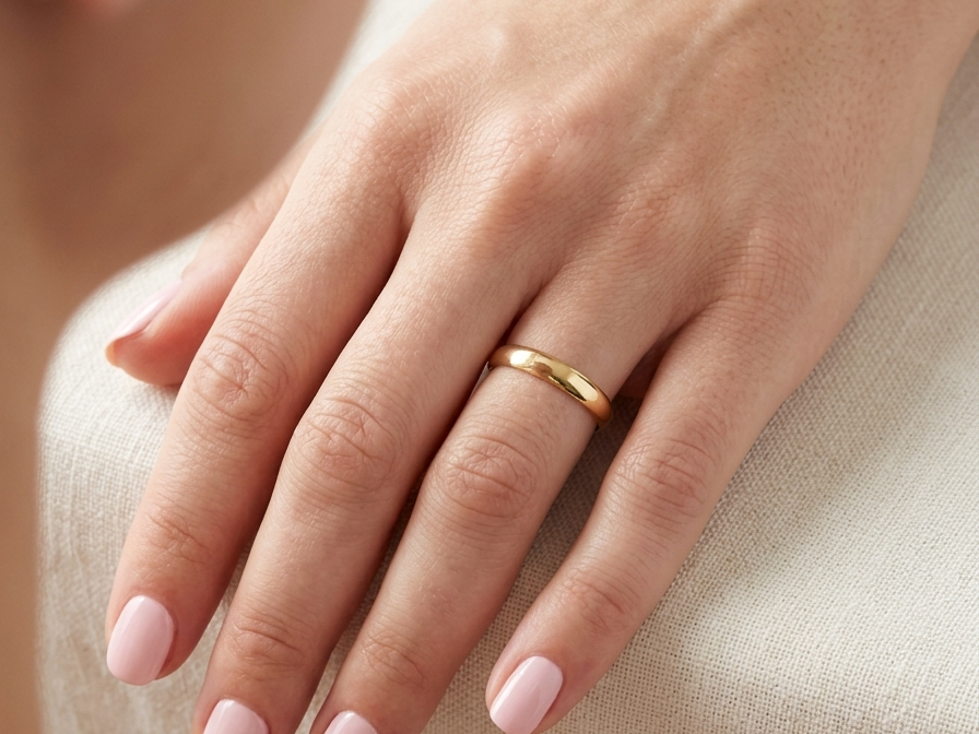 hands A 9 carat yellow gold wedding ring. D shape profile.
Width 4.2mm, weight 2.1grams. 