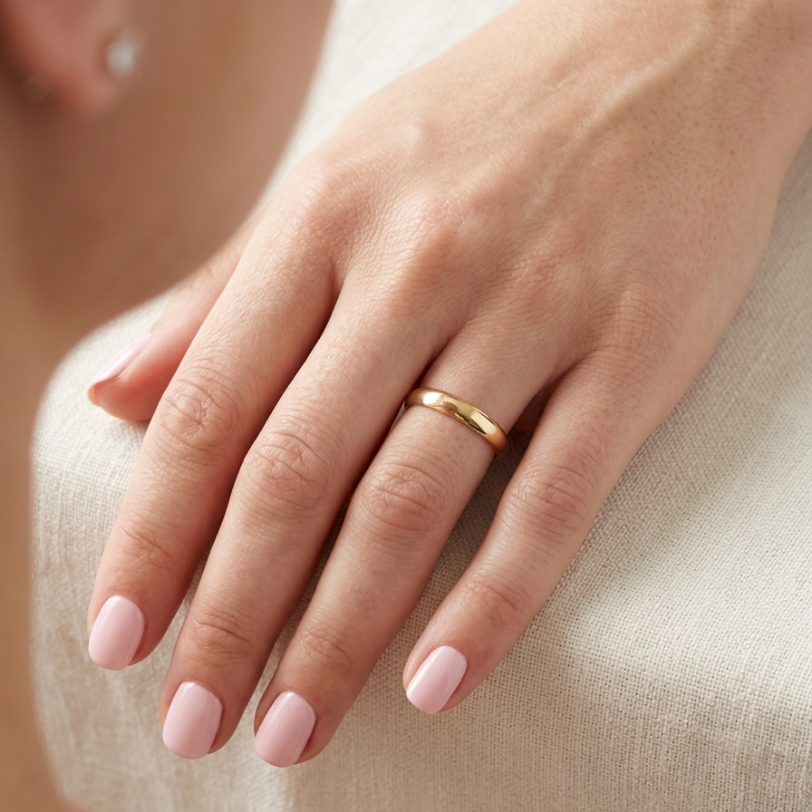 hands A 9 carat yellow gold wedding ring. D shape profile.
Width 4.2mm, weight 2.1grams. 