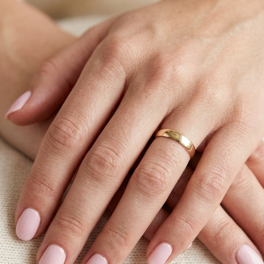 hand A 9 carat yellow gold wedding ring. D shape profile, with a width of 5mm.
Weight 2.3grams.
UK hallmarks for 1991