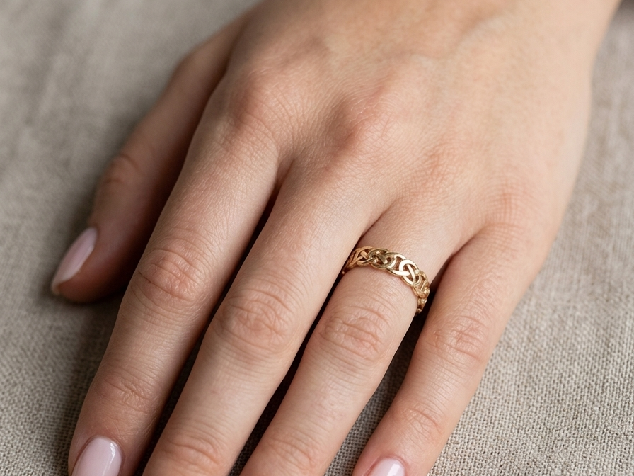 hand A Celtic design gold ring, could be used as a wedding ring, or just a ring for everyday wear.