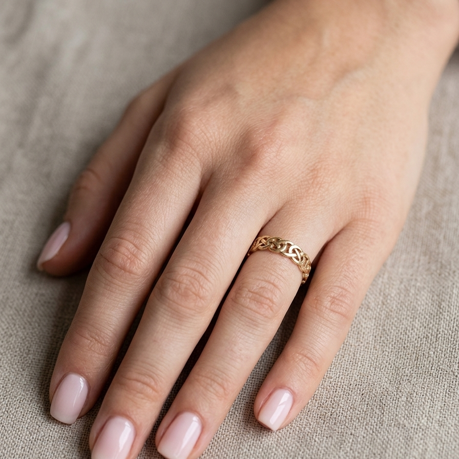 hand A Celtic design gold ring, could be used as a wedding ring, or just a ring for everyday wear.