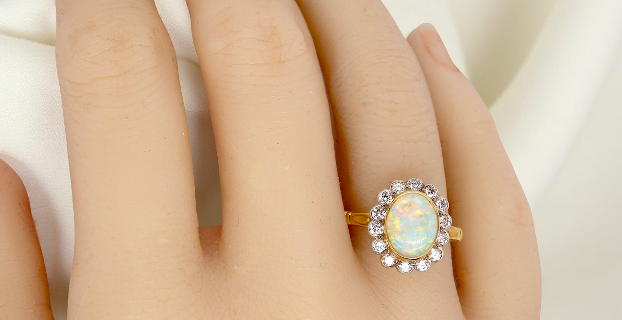 An Opal and Diamond Cluster Ring