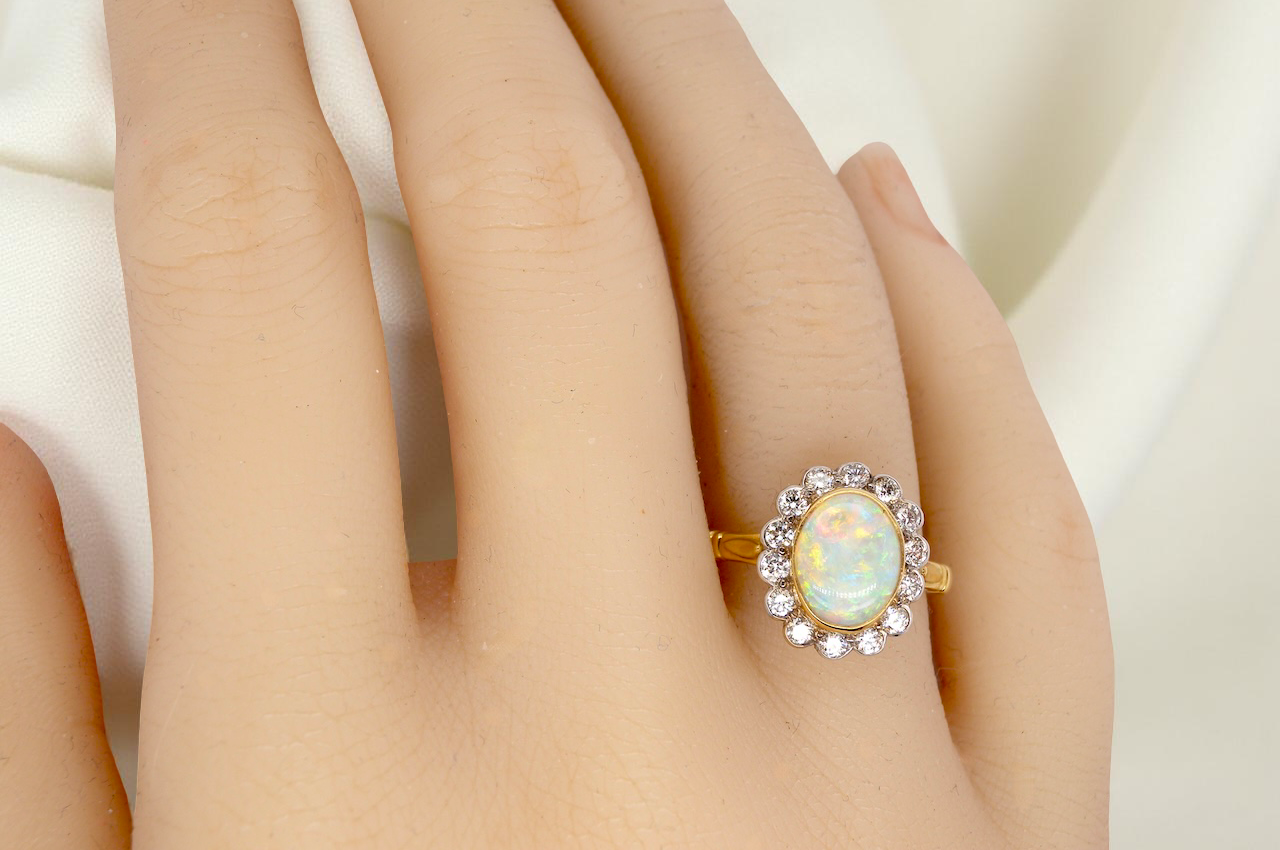 An Opal and Diamond Cluster Ring