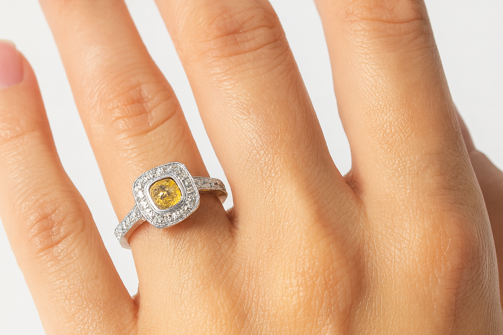 A Yellow Diamond halo cluster ring
