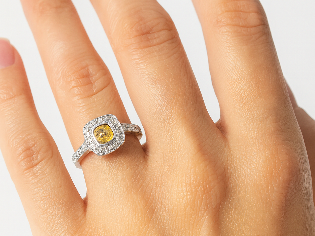 A Yellow Diamond halo cluster ring