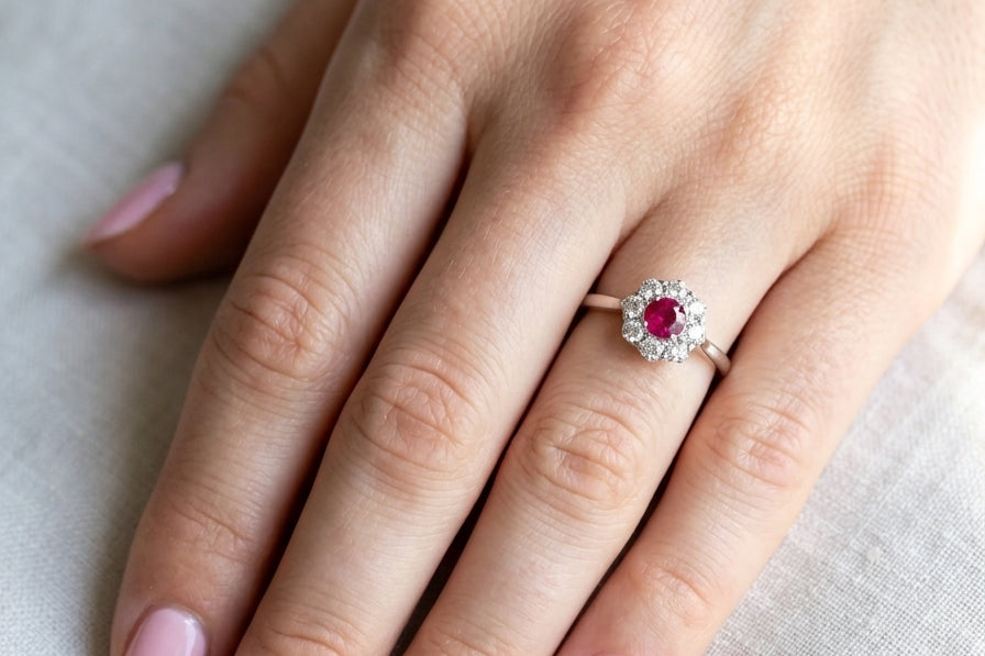 hand A beautiful cluster ring set with a raspberry-red ruby centre stone measuring 5mm in diameter, estimated at approximately 0.50 carats.