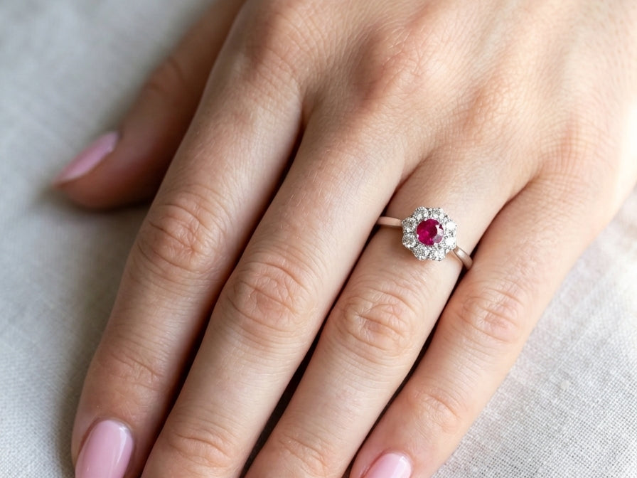 hand A beautiful cluster ring set with a raspberry-red ruby centre stone measuring 5mm in diameter, estimated at approximately 0.50 carats.