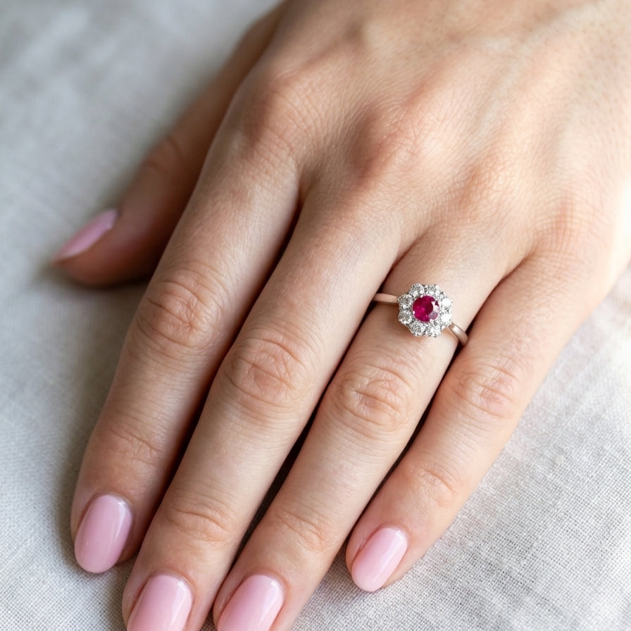 hand A beautiful cluster ring set with a raspberry-red ruby centre stone measuring 5mm in diameter, estimated at approximately 0.50 carats.