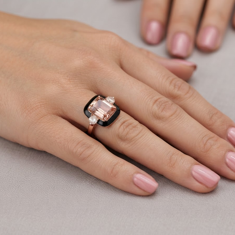 A close-up of a hand wearing a ring with a rectangular pale pink gemstone, a black inlay, and a rose gold band, set against a neutral gray background.