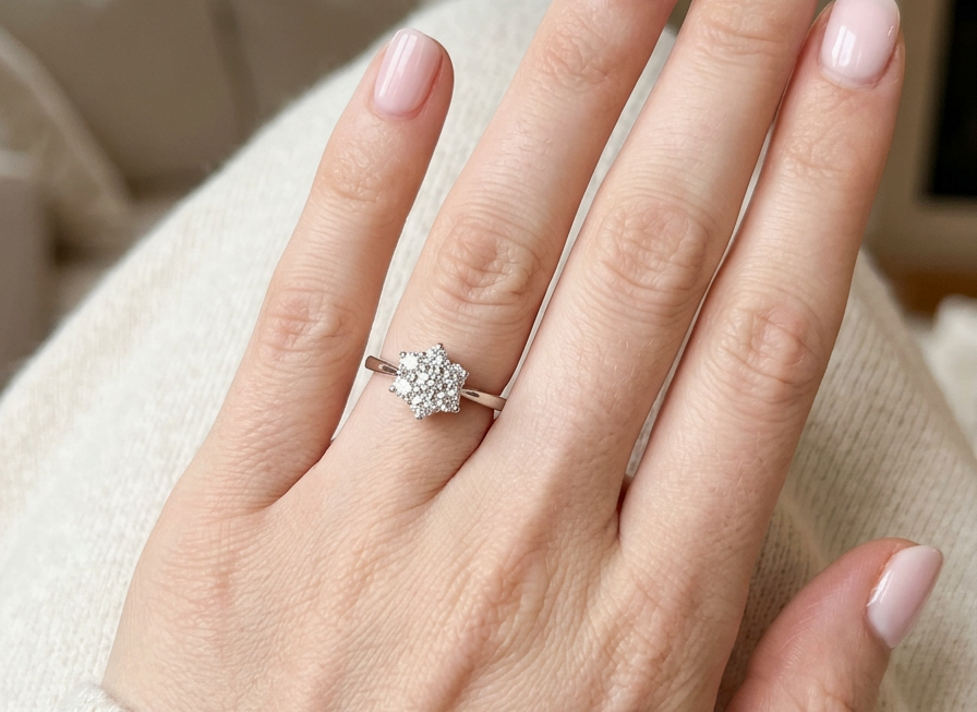 hand A beautiful vintage diamond cluster ring, elegantly set with seven brilliant-cut white diamonds in a timeless floral cluster design.