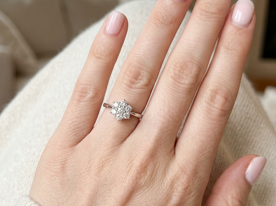 hand A beautiful vintage diamond cluster ring, elegantly set with seven brilliant-cut white diamonds in a timeless floral cluster design.