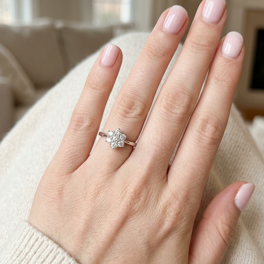 hand A beautiful vintage diamond cluster ring, elegantly set with seven brilliant-cut white diamonds in a timeless floral cluster design.