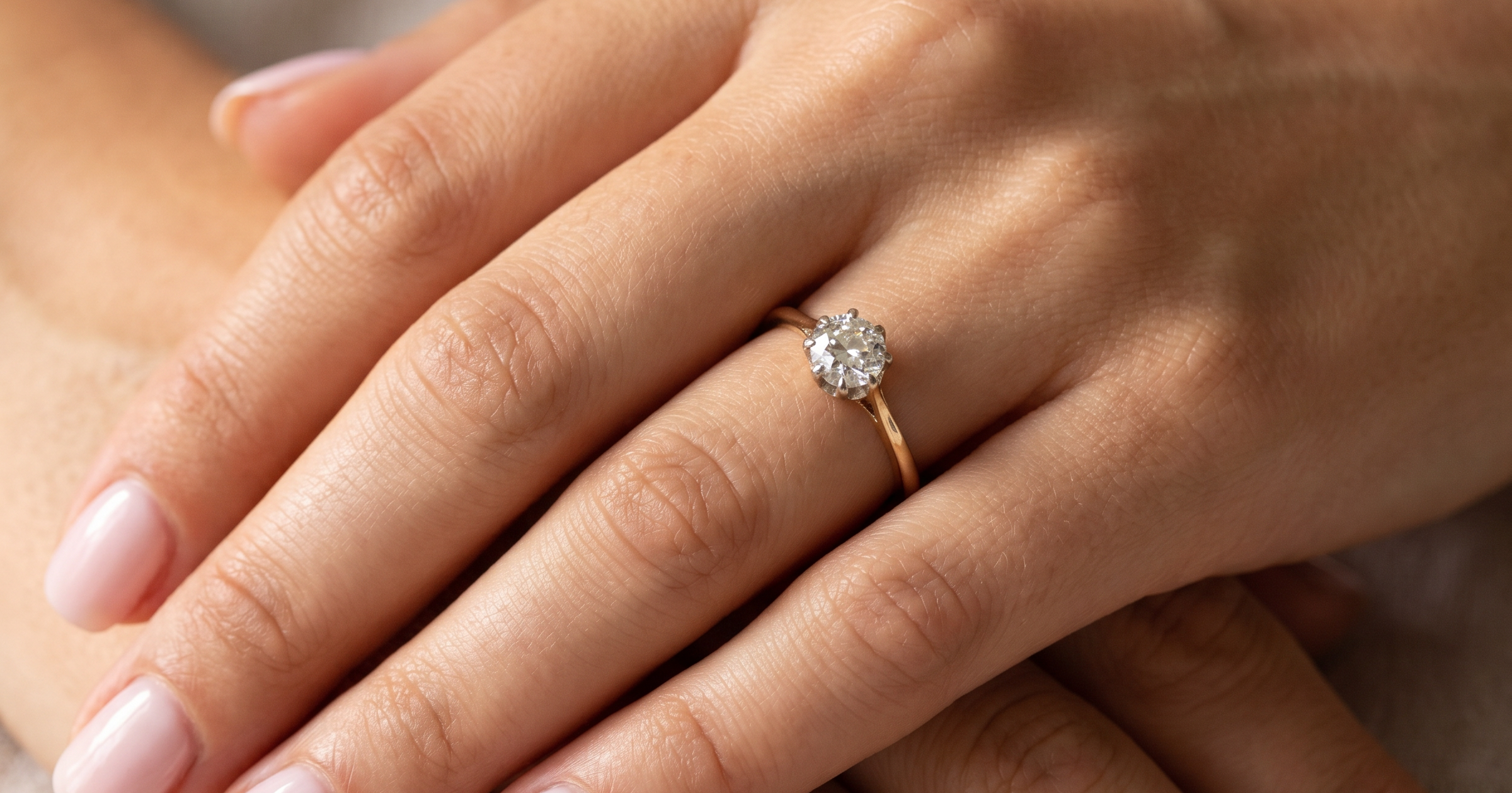 hand A beautiful vintage diamond solitaire ring featuring an old brilliant cut white diamond measuring approximately 6mm, estimated at 0.75 carats. The diamond displays attractive sparkle with an assessed colour of I–J and clarity of SI.