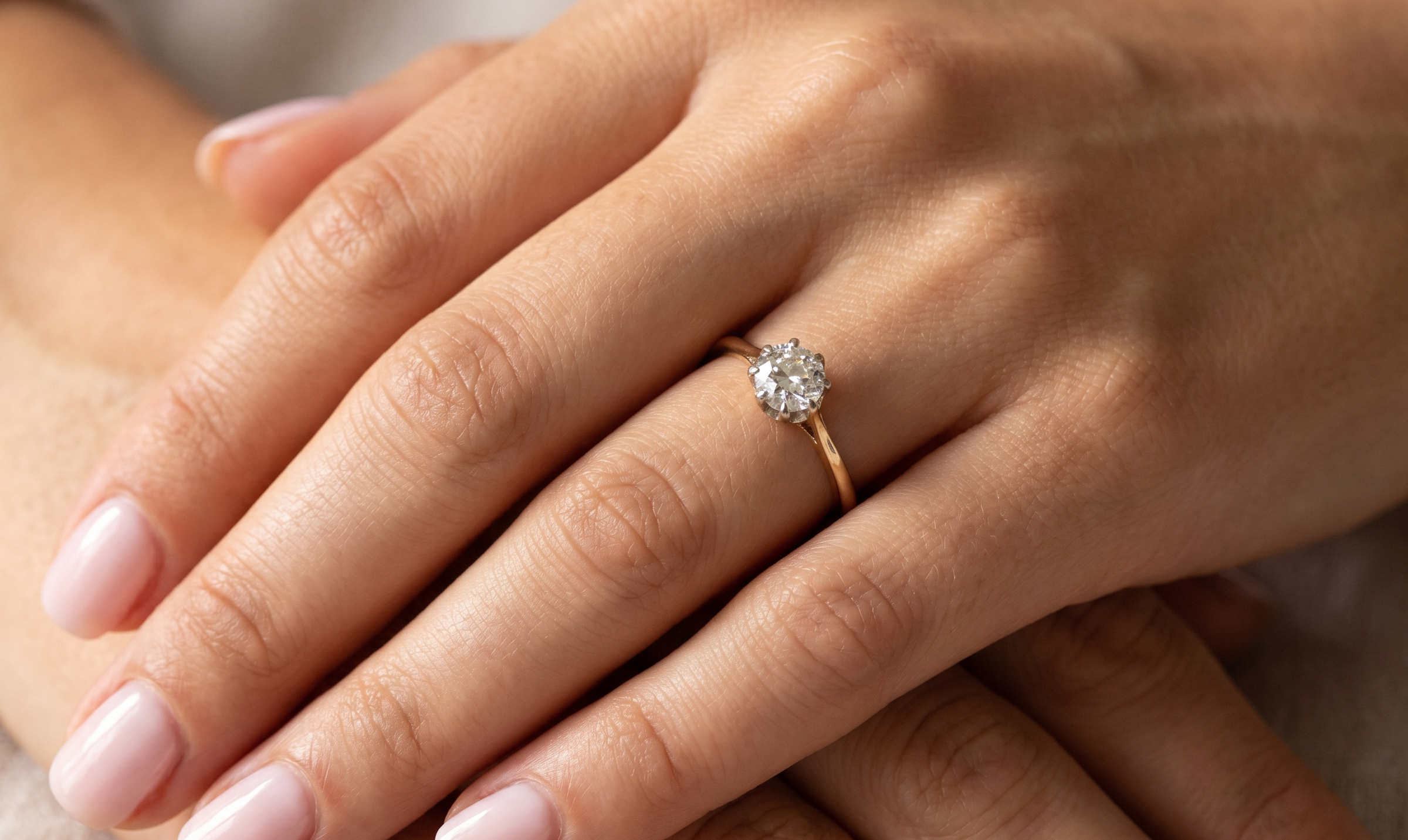 hand A beautiful vintage diamond solitaire ring featuring an old brilliant cut white diamond measuring approximately 6mm, estimated at 0.75 carats. The diamond displays attractive sparkle with an assessed colour of I–J and clarity of SI.