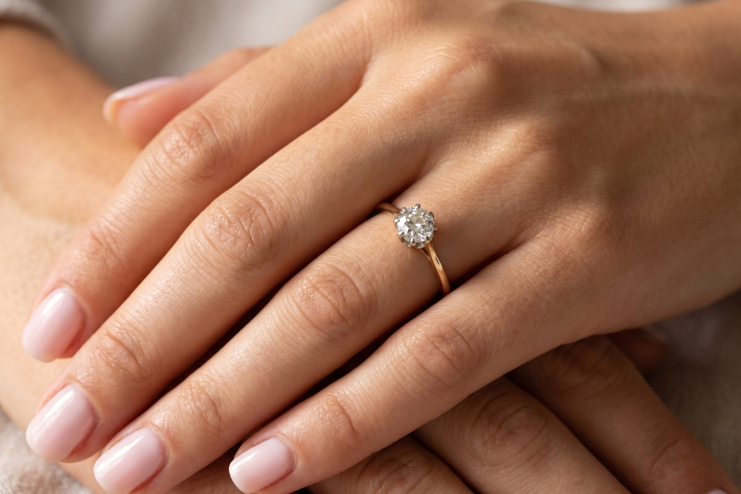 hand A beautiful vintage diamond solitaire ring featuring an old brilliant cut white diamond measuring approximately 6mm, estimated at 0.75 carats. The diamond displays attractive sparkle with an assessed colour of I–J and clarity of SI.