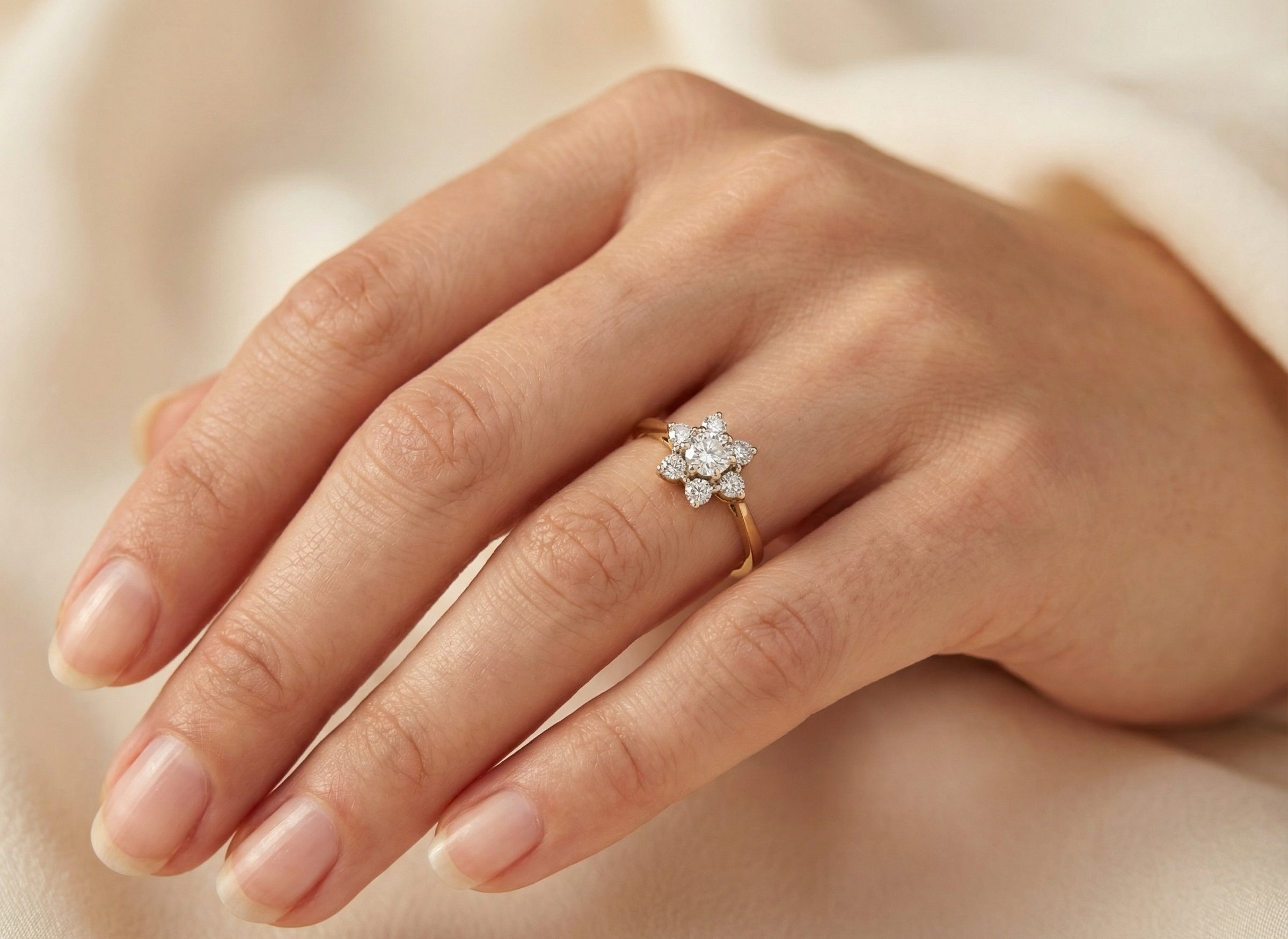 hand A beautifully crafted vintage diamond cluster ring, dating to the 1960s, featuring a classic floral-inspired design that remains timeless and elegant.
