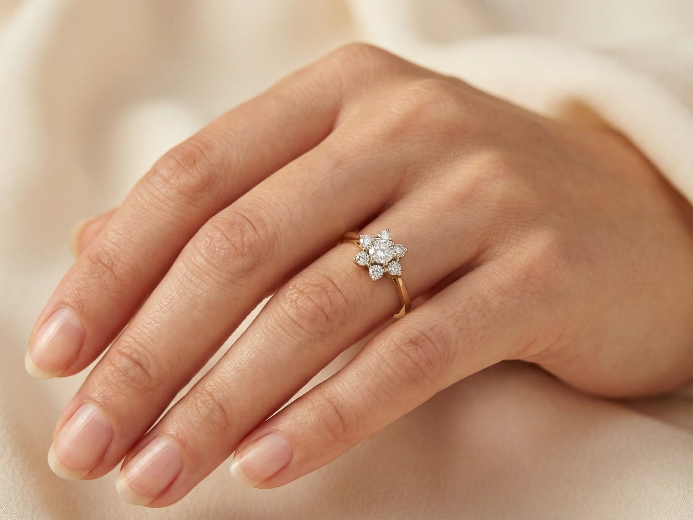 hand A beautifully crafted vintage diamond cluster ring, dating to the 1960s, featuring a classic floral-inspired design that remains timeless and elegant.