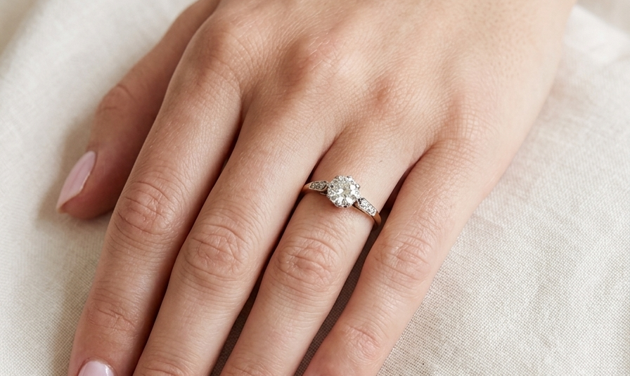 hand A beautifully elegant vintage solitaire ring dating to the 1930s, showcasing a classic old brilliant-cut white diamond.
The centre diamond measures approximately 6.2mm