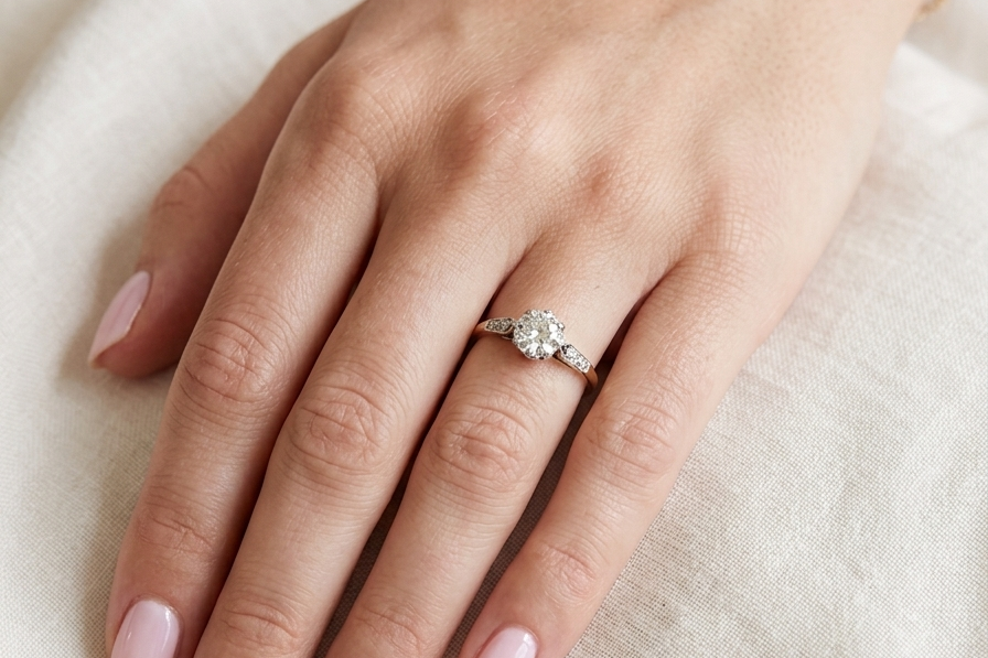 hand A beautifully elegant vintage solitaire ring dating to the 1930s, showcasing a classic old brilliant-cut white diamond.
The centre diamond measures approximately 6.2mm