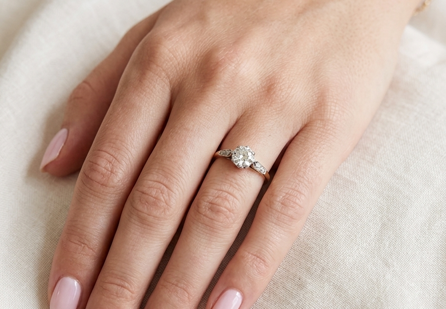 hand A beautifully elegant vintage solitaire ring dating to the 1930s, showcasing a classic old brilliant-cut white diamond.
The centre diamond measures approximately 6.2mm