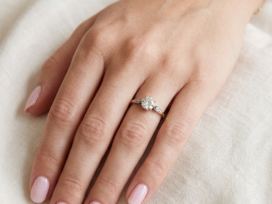 hand A beautifully elegant vintage solitaire ring dating to the 1930s, showcasing a classic old brilliant-cut white diamond.
The centre diamond measures approximately 6.2mm