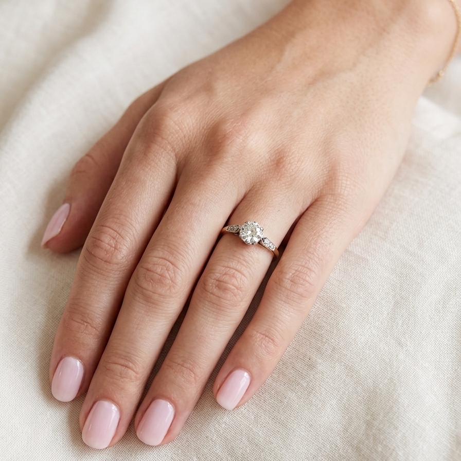 hand A beautifully elegant vintage solitaire ring dating to the 1930s, showcasing a classic old brilliant-cut white diamond.
The centre diamond measures approximately 6.2mm