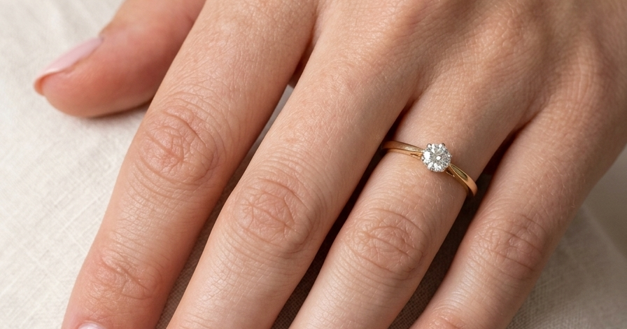 hand A classic solitaire ring. Features a single brilliant cut white diamond, measures 5mm (est 0.50 carats) Colour H-j, clarity Si.
Head is claw set, platinum, head 5.2mm, depth 5.4mm, weight 2.9 grams. 