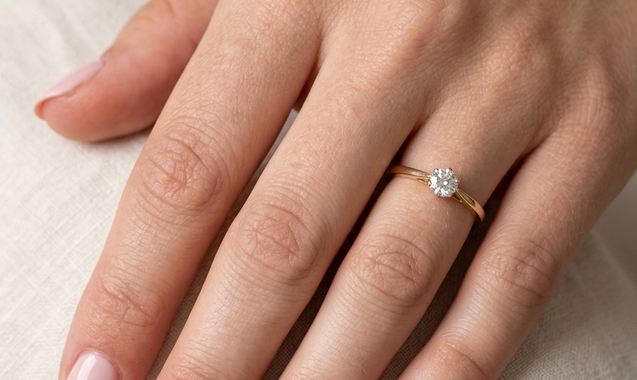 hand A classic solitaire ring. Features a single brilliant cut white diamond, measures 5mm (est 0.50 carats) Colour H-j, clarity Si.
Head is claw set, platinum, head 5.2mm, depth 5.4mm, weight 2.9 grams. 