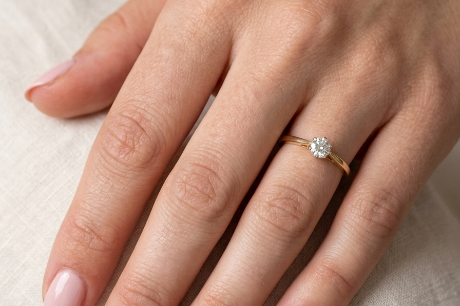 hand A classic solitaire ring. Features a single brilliant cut white diamond, measures 5mm (est 0.50 carats) Colour H-j, clarity Si.
Head is claw set, platinum, head 5.2mm, depth 5.4mm, weight 2.9 grams. 