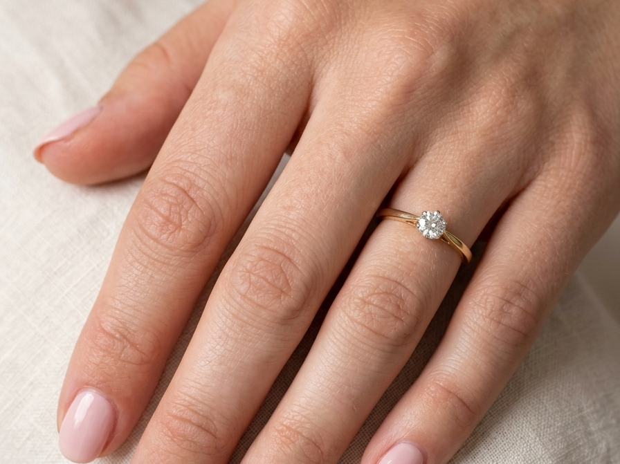 hand A classic solitaire ring. Features a single brilliant cut white diamond, measures 5mm (est 0.50 carats) Colour H-j, clarity Si.
Head is claw set, platinum, head 5.2mm, depth 5.4mm, weight 2.9 grams. 