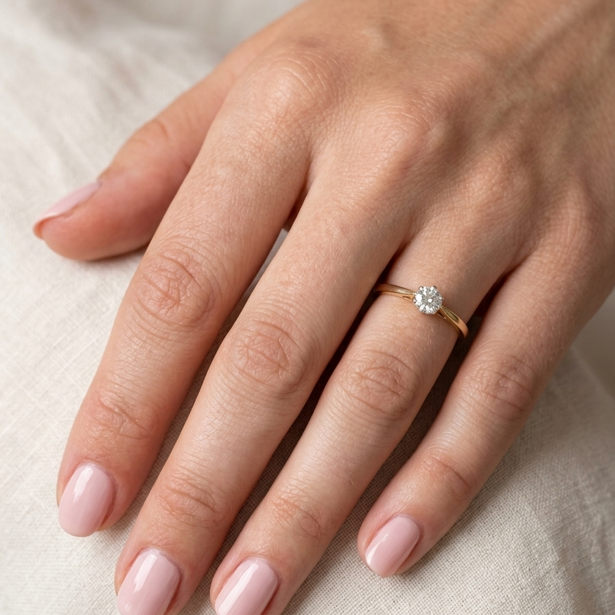 hand A classic solitaire ring. Features a single brilliant cut white diamond, measures 5mm (est 0.50 carats) Colour H-j, clarity Si.
Head is claw set, platinum, head 5.2mm, depth 5.4mm, weight 2.9 grams. 