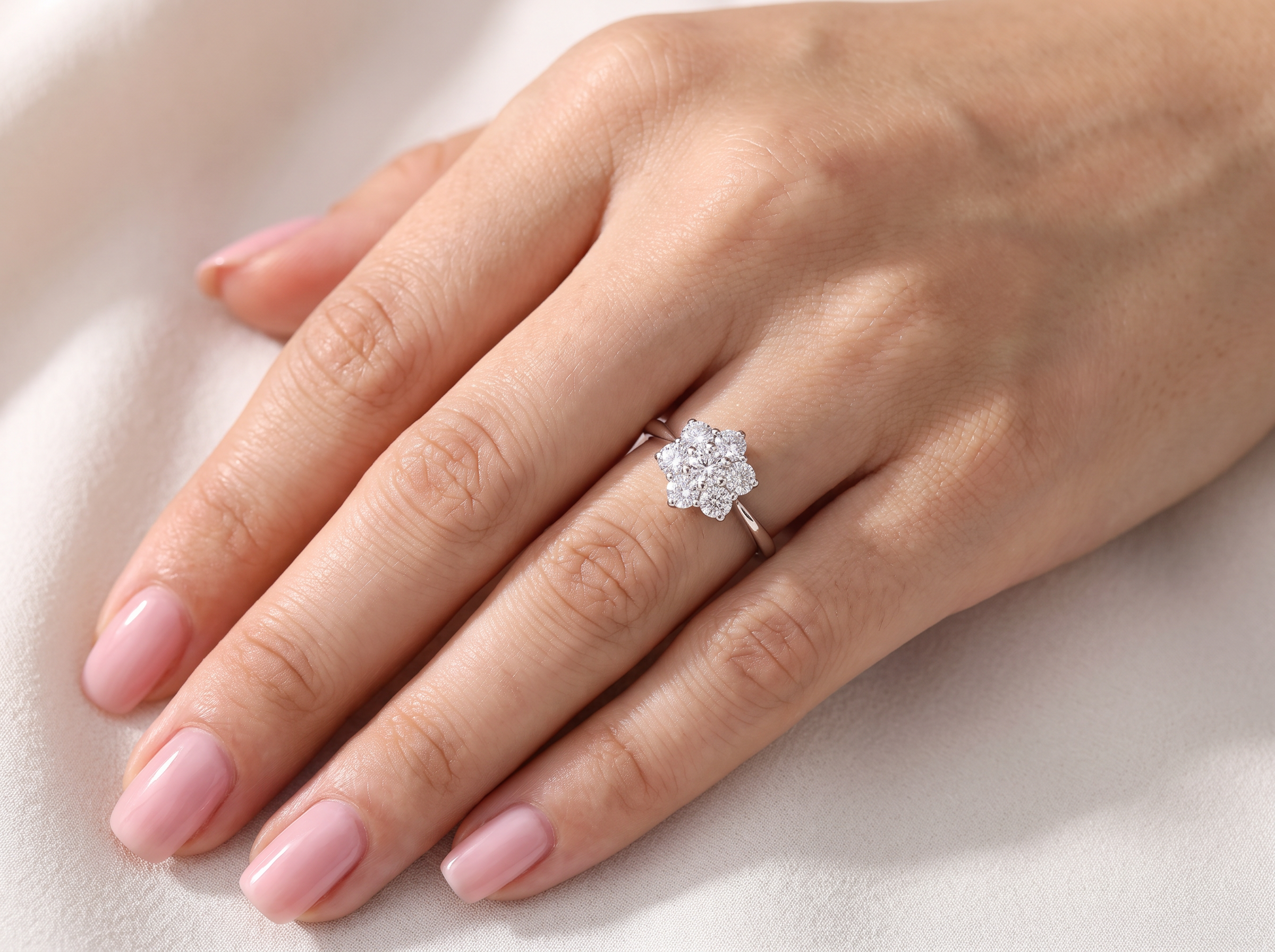 hand A fabulous vintage diamond cluster ring, beautifully crafted in 18 carat white gold and set with seven fine brilliant cut white diamonds.