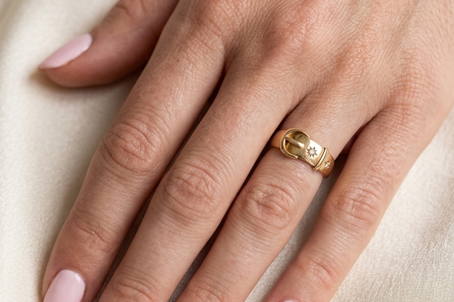 hand A fine 18 carat gold buckle ring set with small old rose cut diamonds