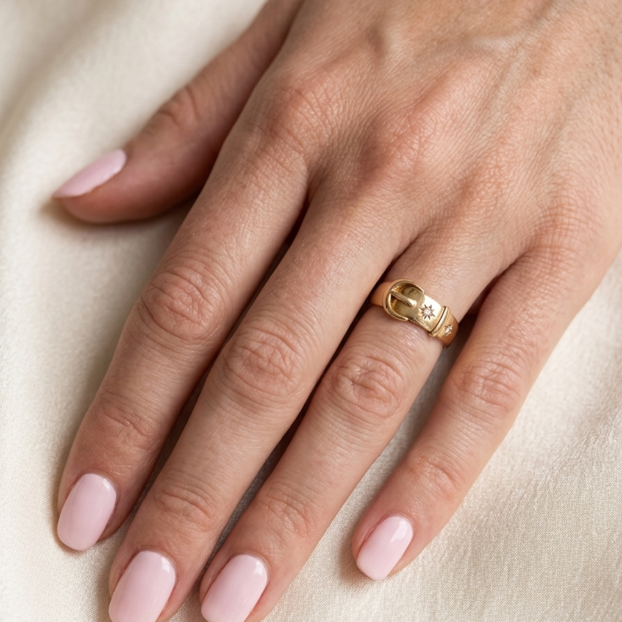 hand A fine 18 carat gold buckle ring set with small old rose cut diamonds