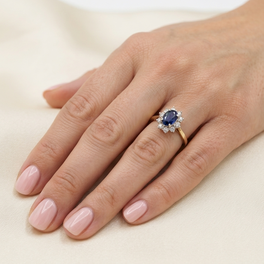 A close-up of a hand with light pink manicured nails wearing a gold ring featuring a dark blue oval center stone surrounded by small clear stones, resting on a soft cream fabric background.