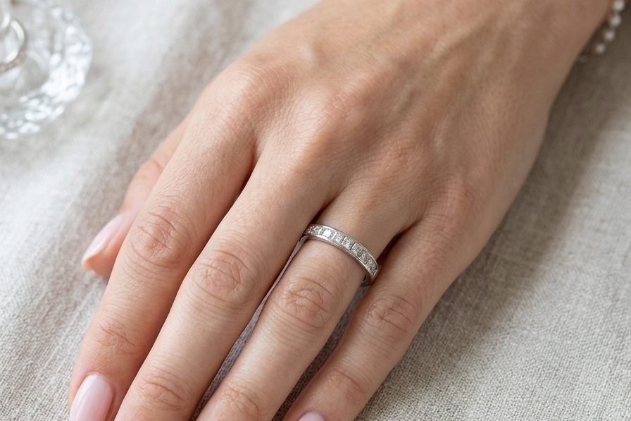 hand A fine 18 carat white gold half hoop eternity ring. Set with ten princess cut white diamonds.
Close set, each 2.5x2.5mm, total one carat