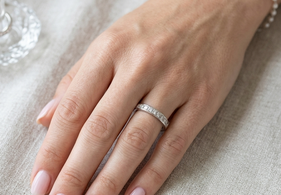 hand A fine 18 carat white gold half hoop eternity ring. Set with ten princess cut white diamonds.
Close set, each 2.5x2.5mm, total one carat