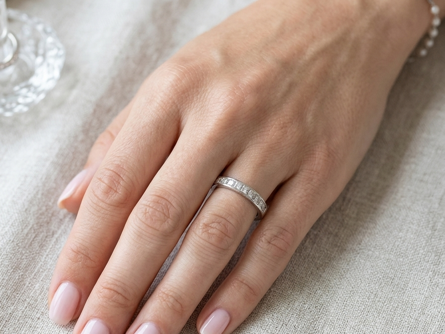 hand A fine 18 carat white gold half hoop eternity ring. Set with ten princess cut white diamonds.
Close set, each 2.5x2.5mm, total one carat