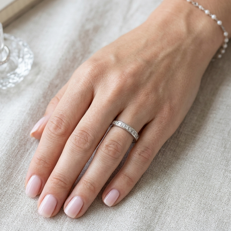 hand A fine 18 carat white gold half hoop eternity ring. Set with ten princess cut white diamonds.
Close set, each 2.5x2.5mm, total one carat