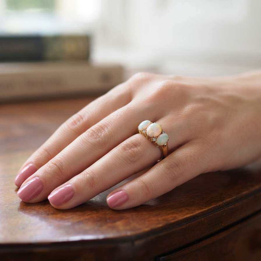 A close-up of a hand resting on a polished wooden table, wearing a gold ring with three round, pale blue-green opal-like stones.