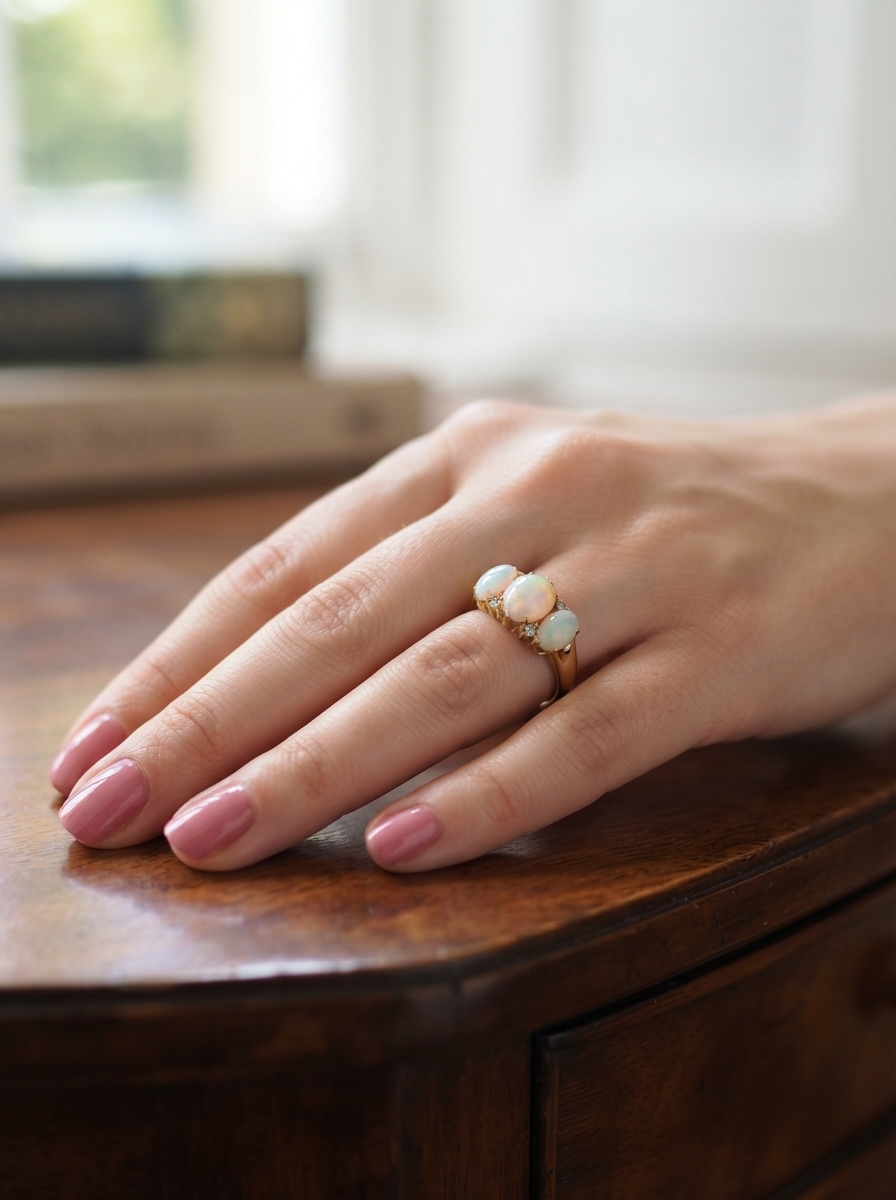 A close-up of a hand resting on a polished wooden table, wearing a gold ring with three round, pale blue-green opal-like stones.