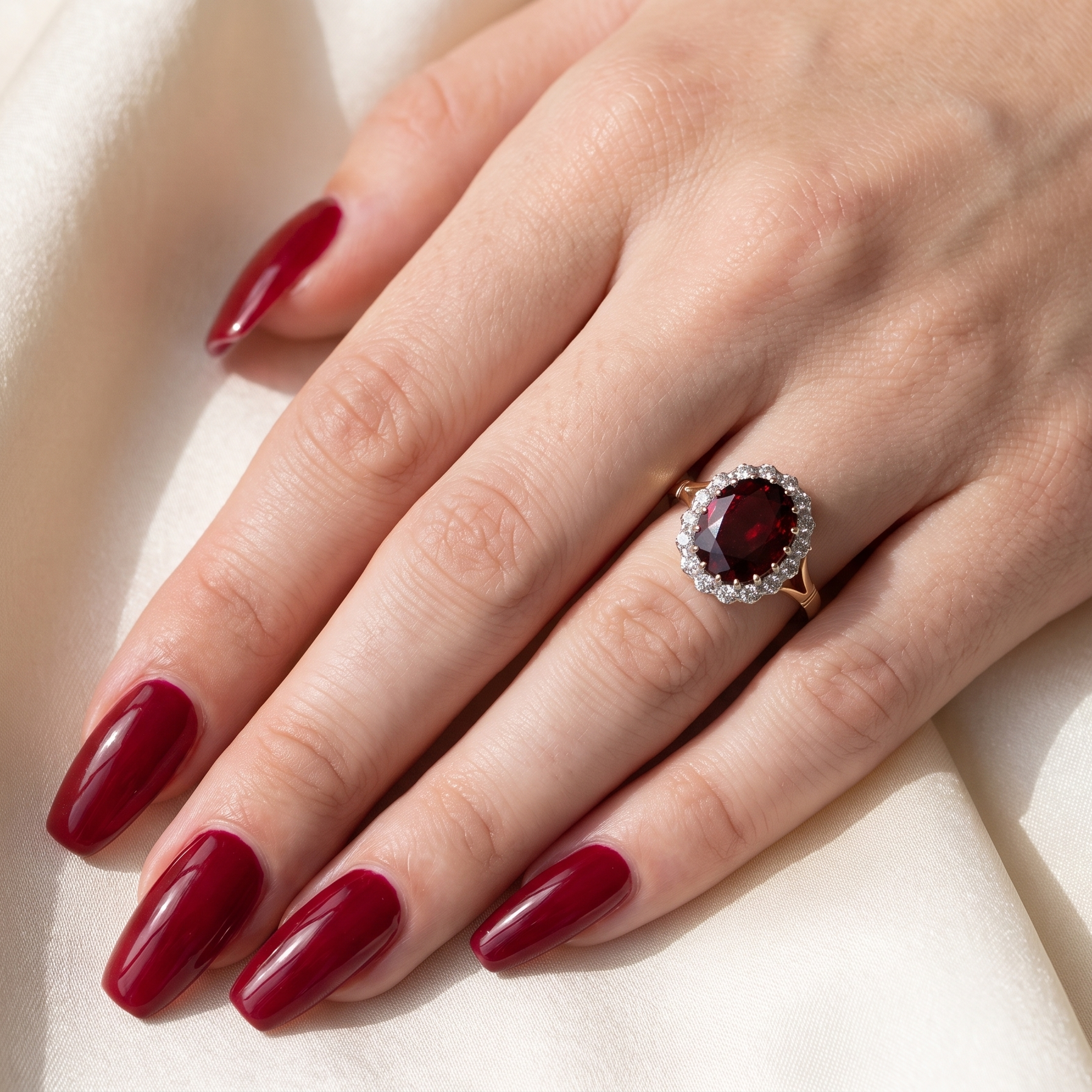 hand A fine cluster ring. Features a large garnet centre stone
Complimented by an outer halo of brilliant cut white diamonds. 