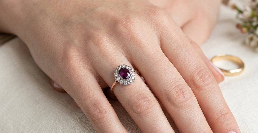 hand A fine early 20th century cluster ring featuring to the centre an oval ruby, 6x5mm, deep burgundy red colour, mille grain setting. (est 1.02 carats)