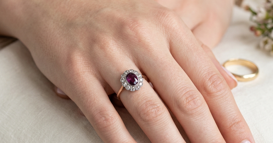 hand A fine early 20th century cluster ring featuring to the centre an oval ruby, 6x5mm, deep burgundy red colour, mille grain setting. (est 1.02 carats)