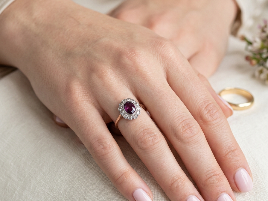 hand A fine early 20th century cluster ring featuring to the centre an oval ruby, 6x5mm, deep burgundy red colour, mille grain setting. (est 1.02 carats)