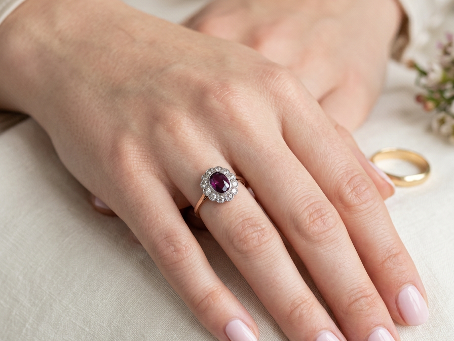 hand A fine early 20th century cluster ring featuring to the centre an oval ruby, 6x5mm, deep burgundy red colour, mille grain setting. (est 1.02 carats)