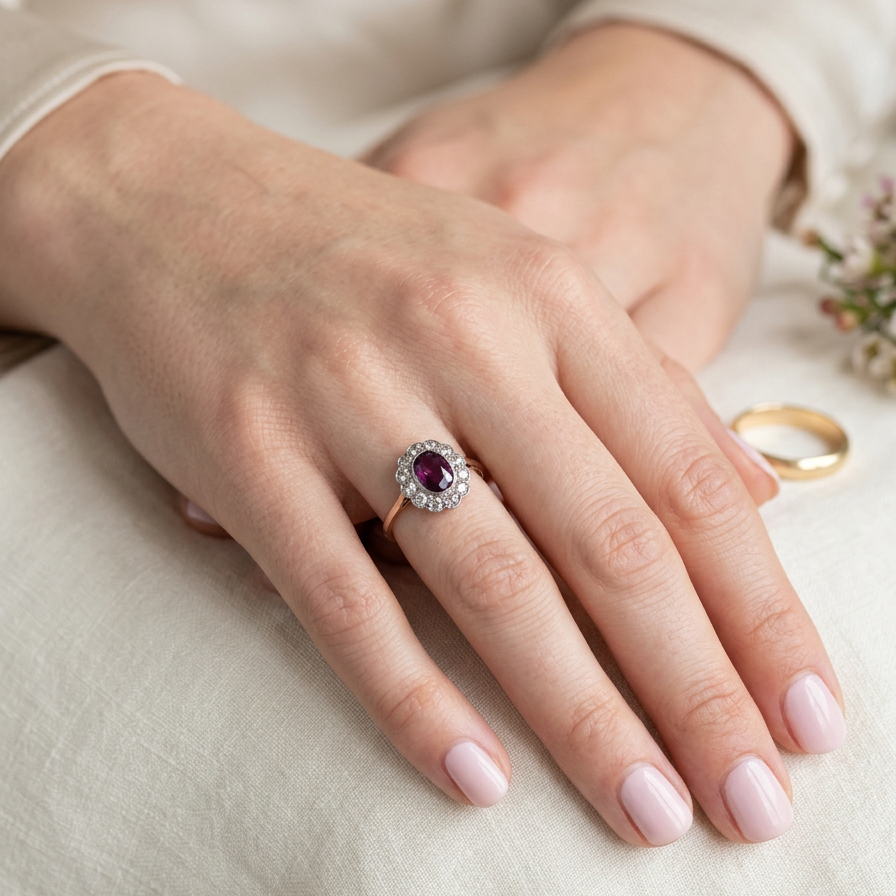 hand A fine early 20th century cluster ring featuring to the centre an oval ruby, 6x5mm, deep burgundy red colour, mille grain setting. (est 1.02 carats)
