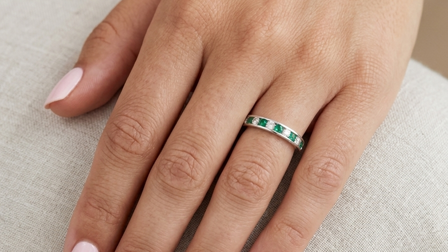 hand A fine platinum half hoop eternity ring. This is a new ring*. Channel set gem stones, five bright green emeralds 2.6mm each (0.54 carats total)