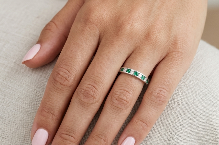 hand A fine platinum half hoop eternity ring. This is a new ring*. Channel set gem stones, five bright green emeralds 2.6mm each (0.54 carats total)