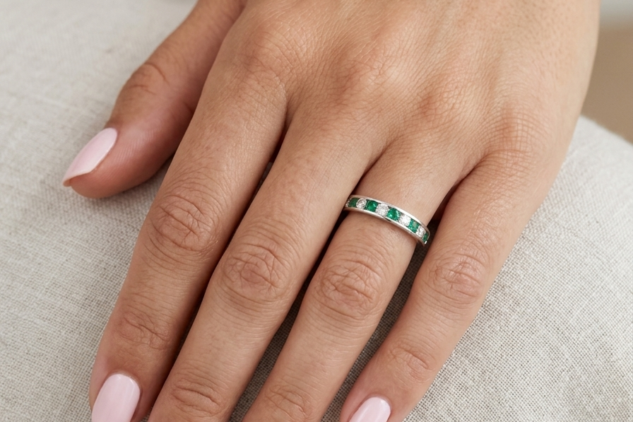 hand A fine platinum half hoop eternity ring. This is a new ring*. Channel set gem stones, five bright green emeralds 2.6mm each (0.54 carats total)